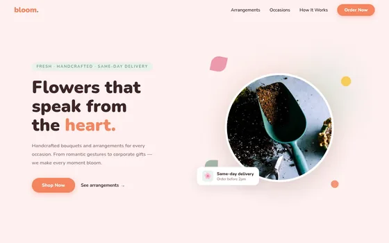 The Bloom site — a concept for a florist with same-day delivery, light and gentle
